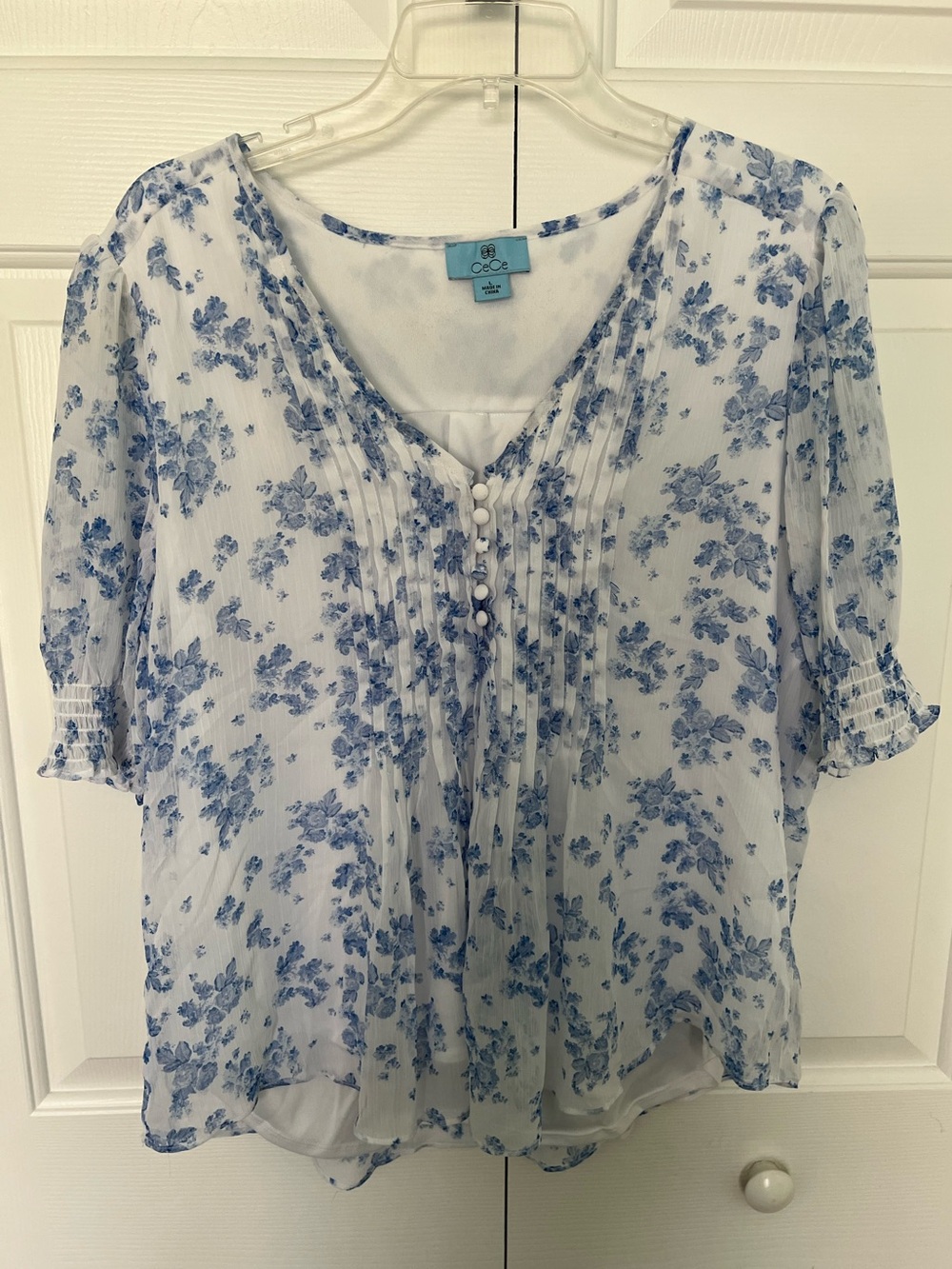 CeCe White and Blue Floral Pintuck V-Neck Blouse - Picture 2 of 8